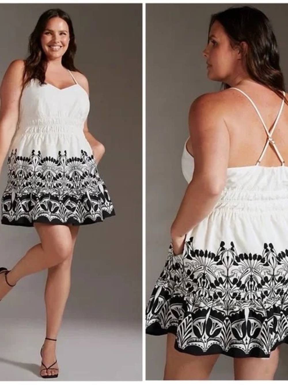 By Anthropologie White & Black Embroidered Spaghetti-Strap Mini Dress